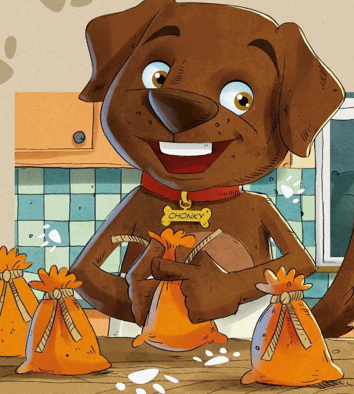 Chonky tying up his treat bags