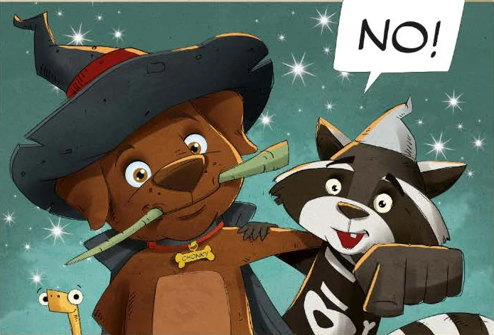 Chonky and Riblet from the book saying NO to chocolate for dogs