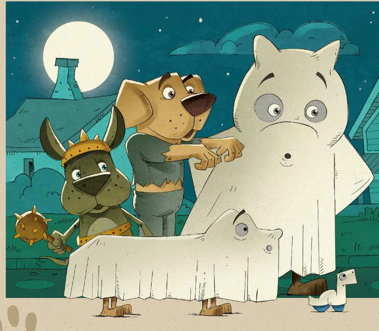 Costumed neighborhood dogs on Halloween night