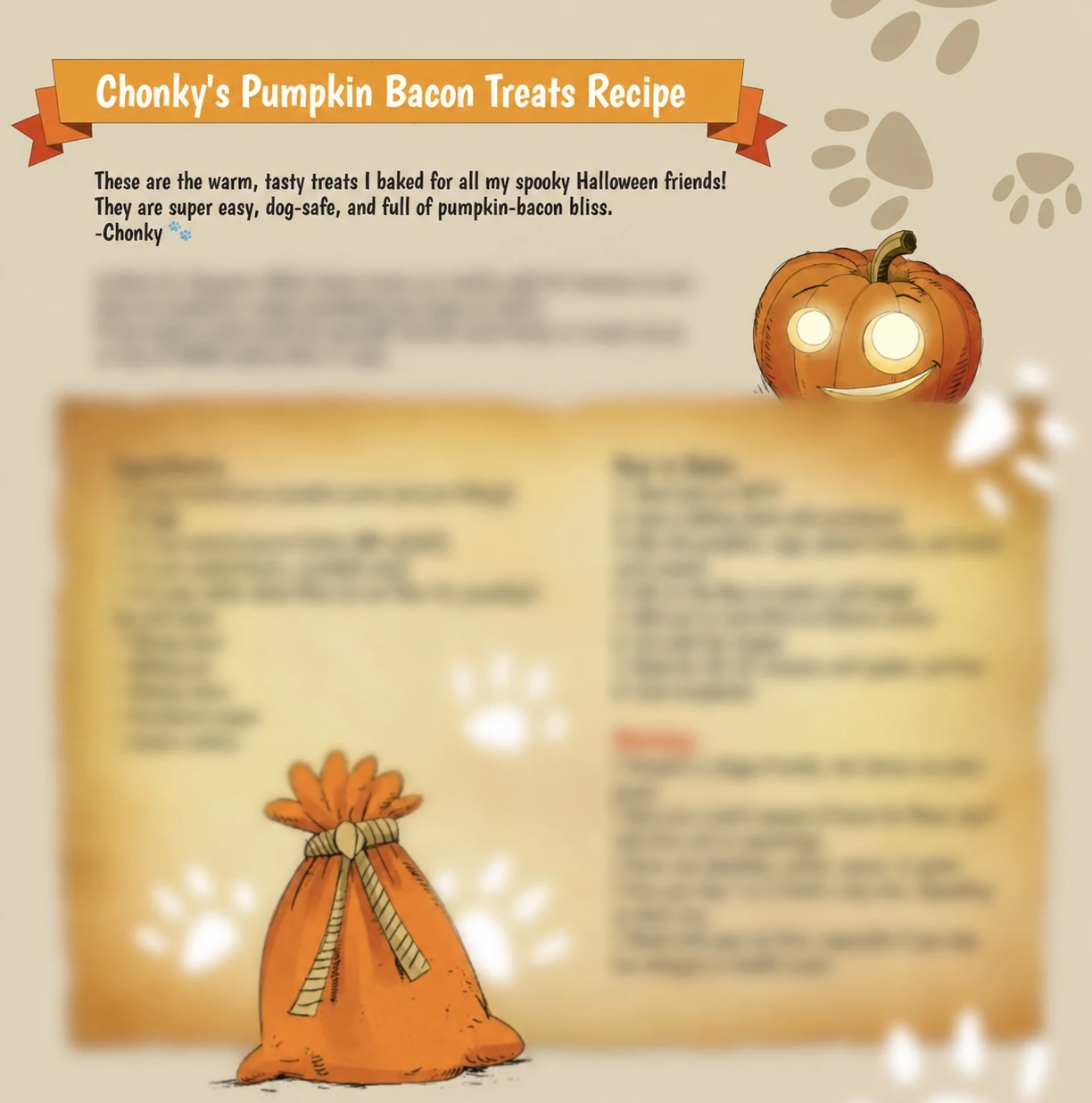 Preview of Chonky's Pumpkin Bacon Treats recipe, mostly blurred